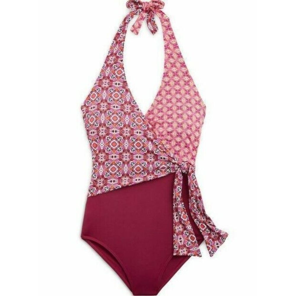 Ralph Lauren Tile Print Asymmetrical Tie One Piece Swimsuit Wrap bathing suit 12